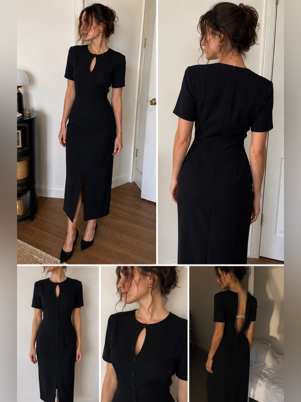 Vintage Donna Ricco Black Keyhole Midi Dress 80s USA Structured Size 8